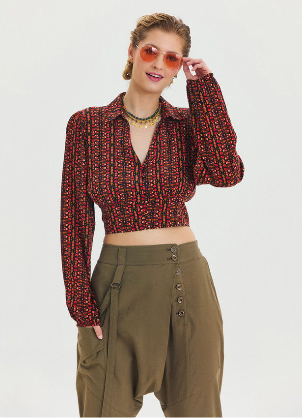 Patterned Shirt Collar Long Sleeve Red Crop Blouse 4431